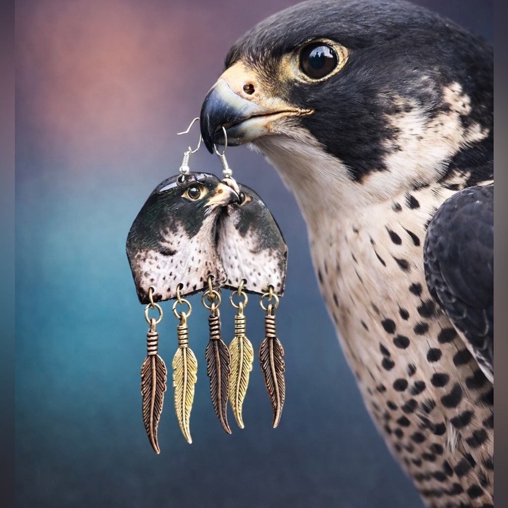 Handpainted peregrine falcon earrings feather charms birds of prey OOAK